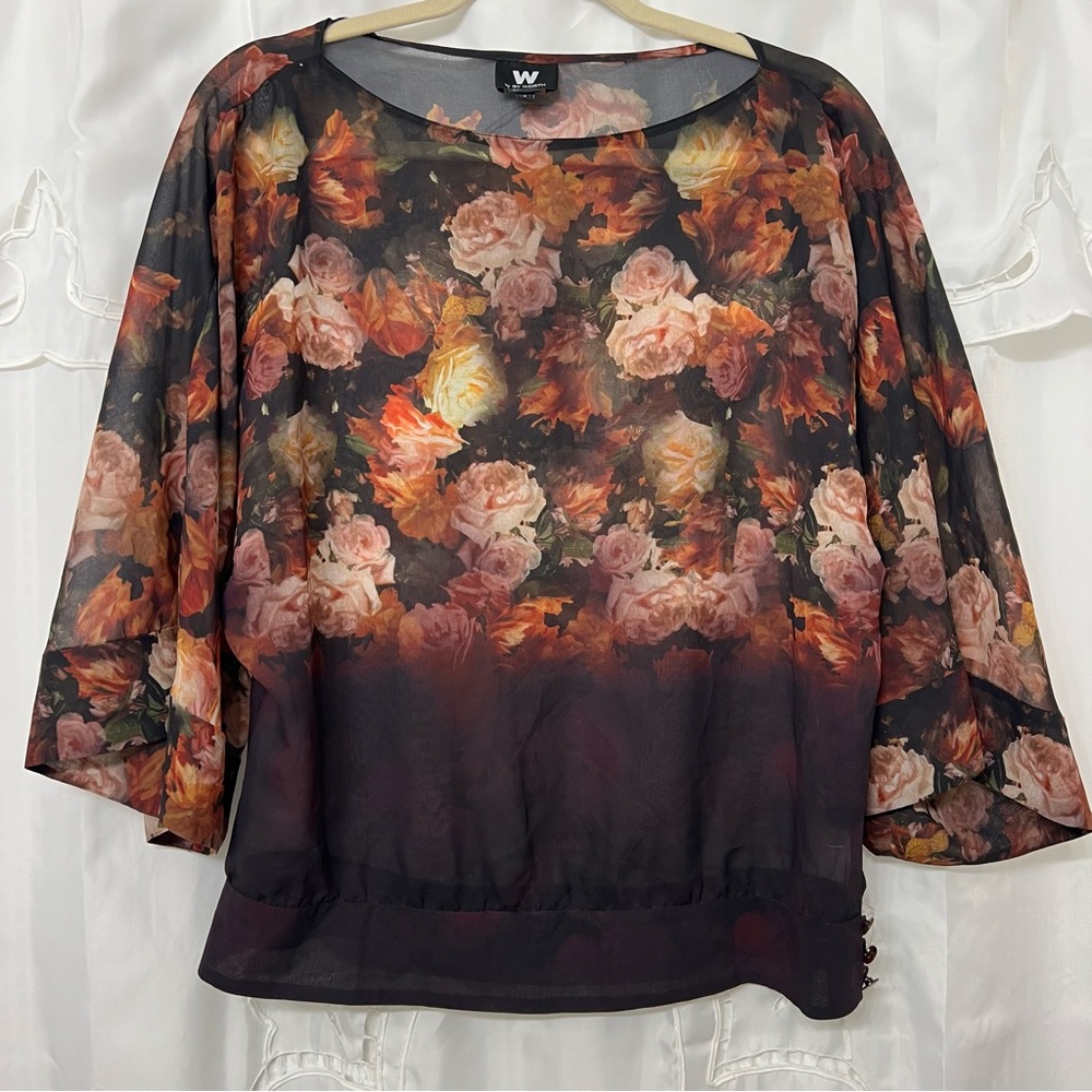 W by Worth 100% Silk Floral Chiffon Blouse Petite M Sheer Top